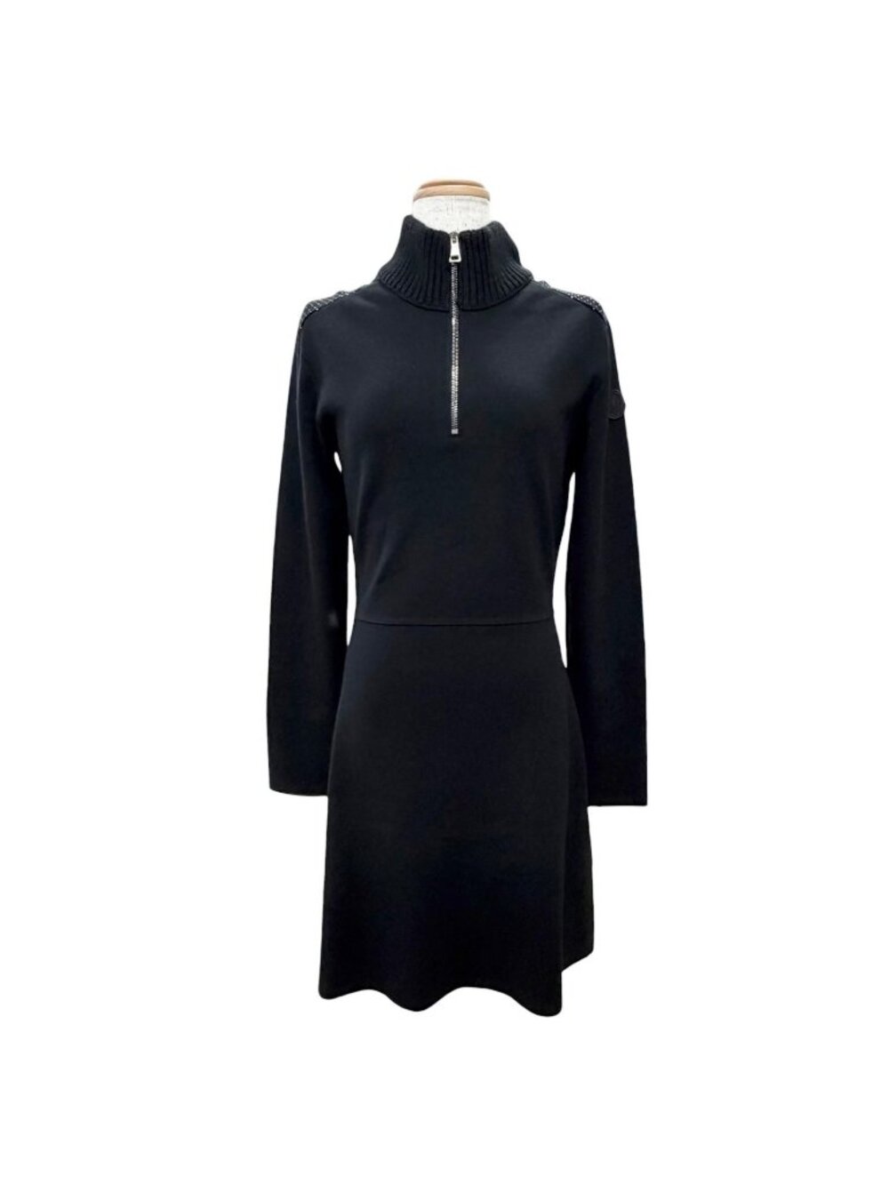 Moncler Logo Patch Mini Studs Half Zip Long Sleeve Knit Dress Black